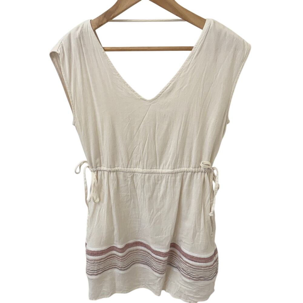 Women's Boho Cream Tunic Dress with Striped Hem
